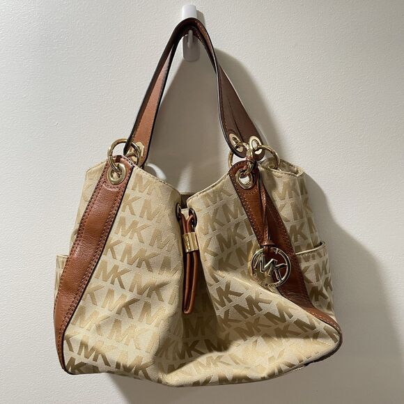 Michael Kors Ludlow Signature Brown Tan Jacquard Leather Shoulder Bag Tag - Picture 1 of 9